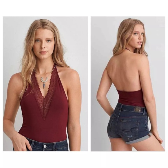 American Eagle Outfitters Tops - AEO maroon lace trim bodysuit